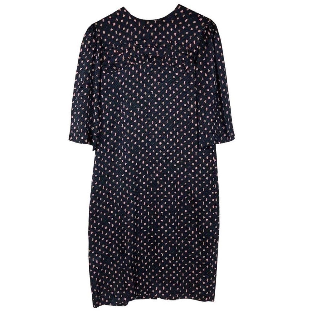 VTG JIM HEILMAN 100% Silk Midi Shift Dress Sz 10 Navy Full Button Back 1/2 Slv
